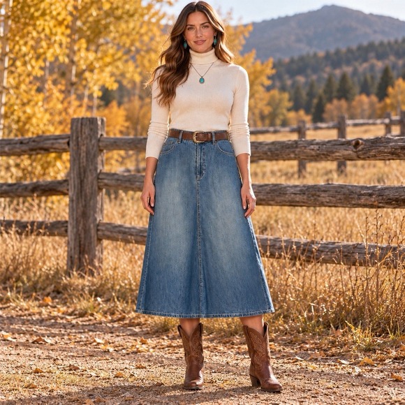 Ralph Lauren Dresses & Skirts - Lauren Ralph Lauren Denim Midi Skirt Womens 10 Western Boho Old Money Prairie